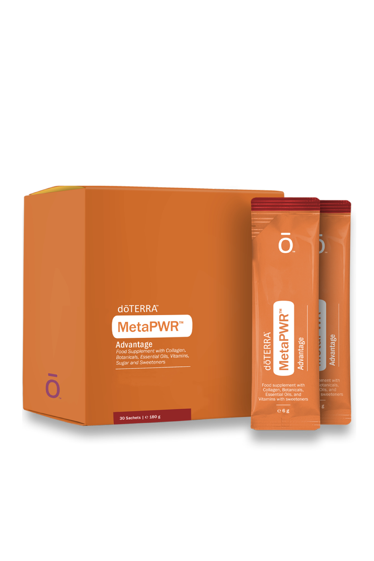 A doTERRA MetaPWR Advantage Gránátalma-cseresznye kollagénnel, növényi összetevőkkel, esszenciális olajokkal, vitaminokkal, cukorral és édesítőszerekkel.